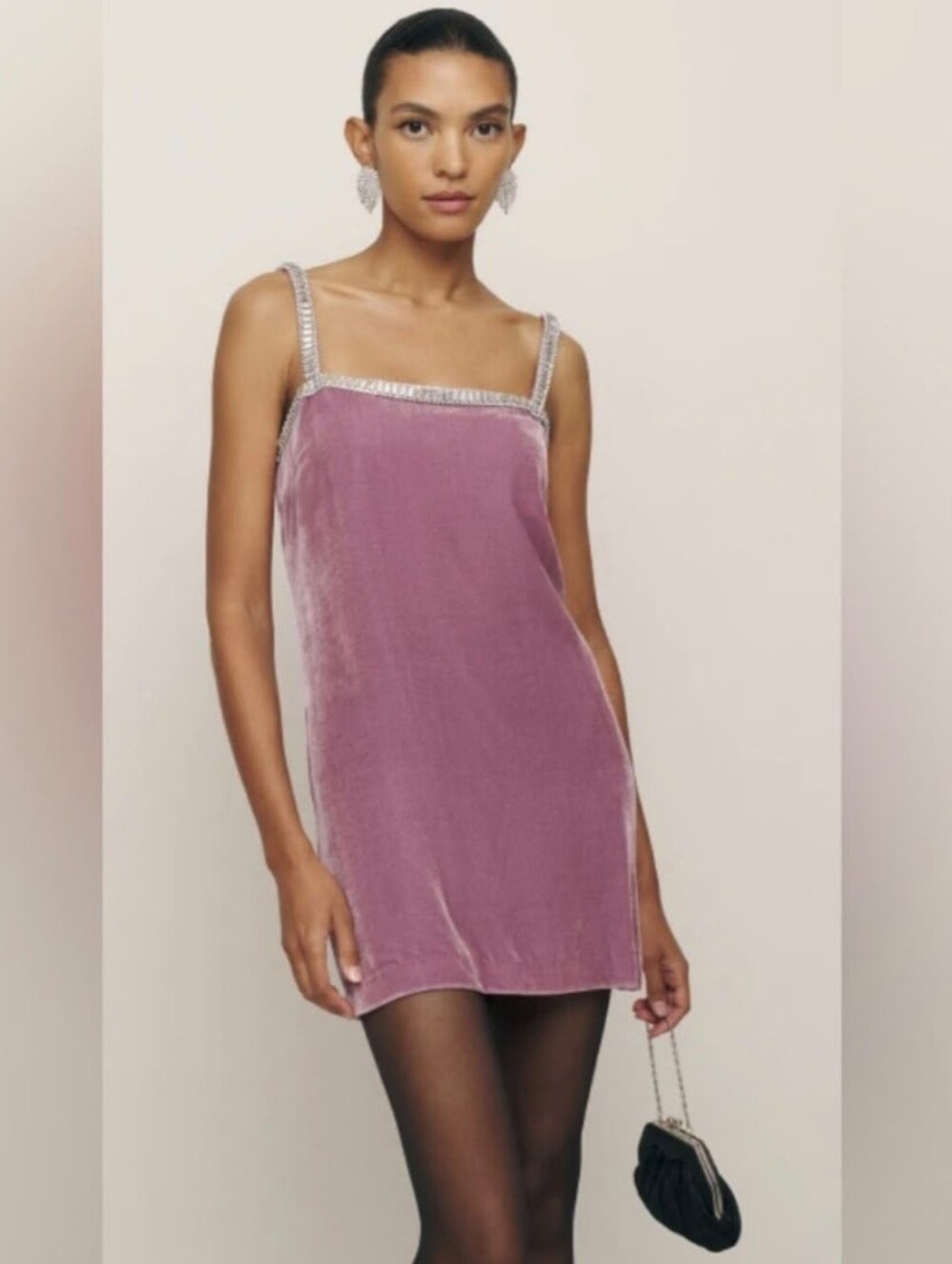 Reformation Pia Sugarplum Pink Velvet Rhinestone Straight Neck Mini Dress